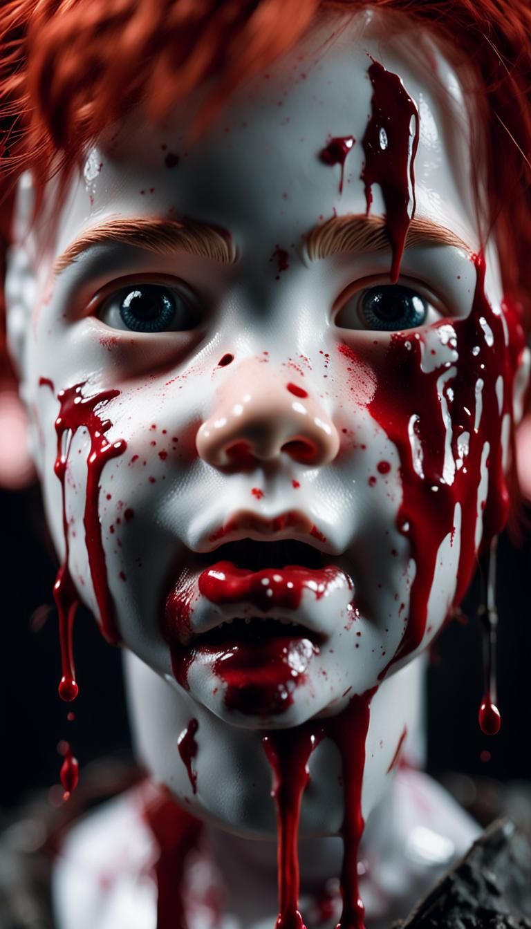 A hyper-realistic close-up, a porcelain doll with pale skin,...