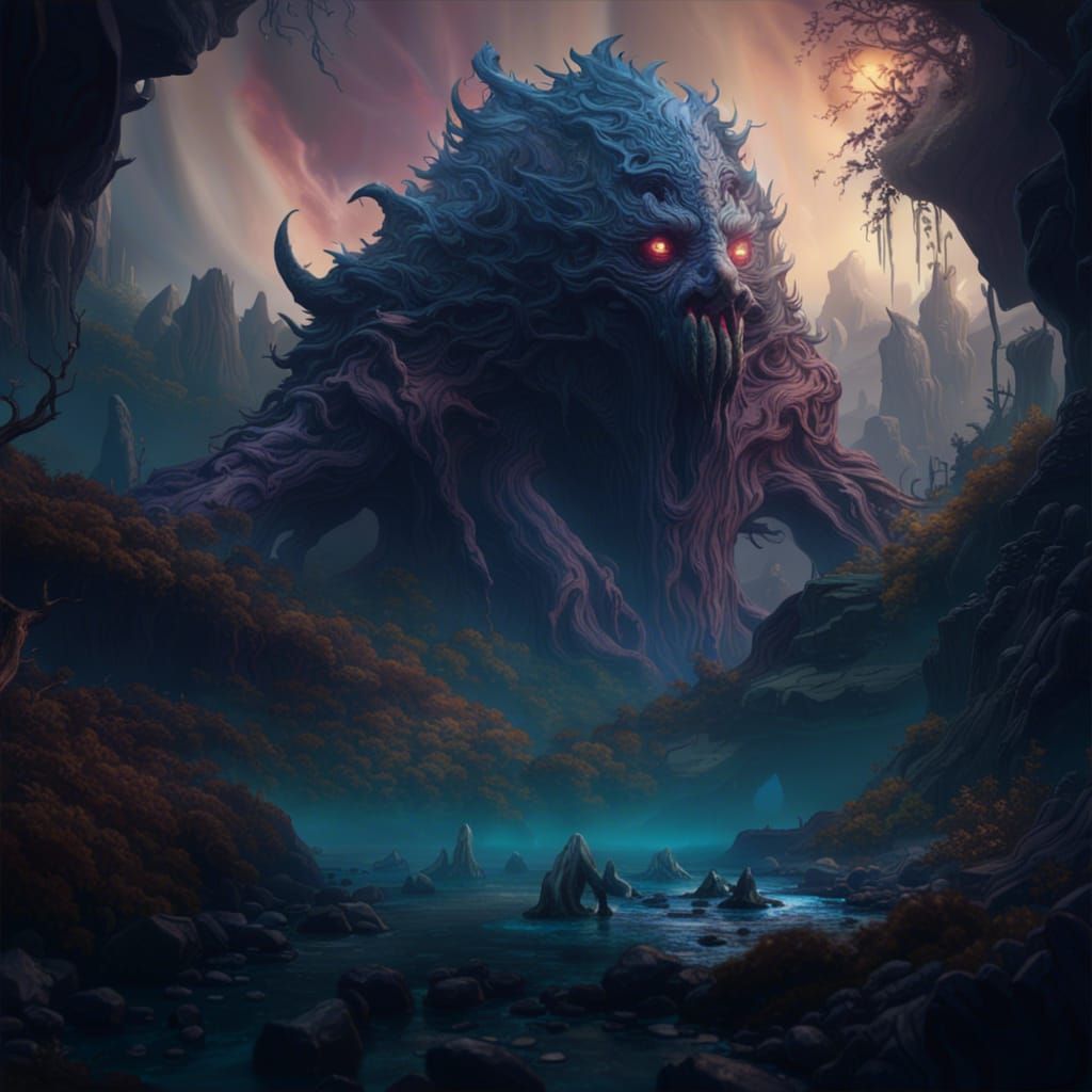 a landscape from another universe, scary, ghostly, large myt...