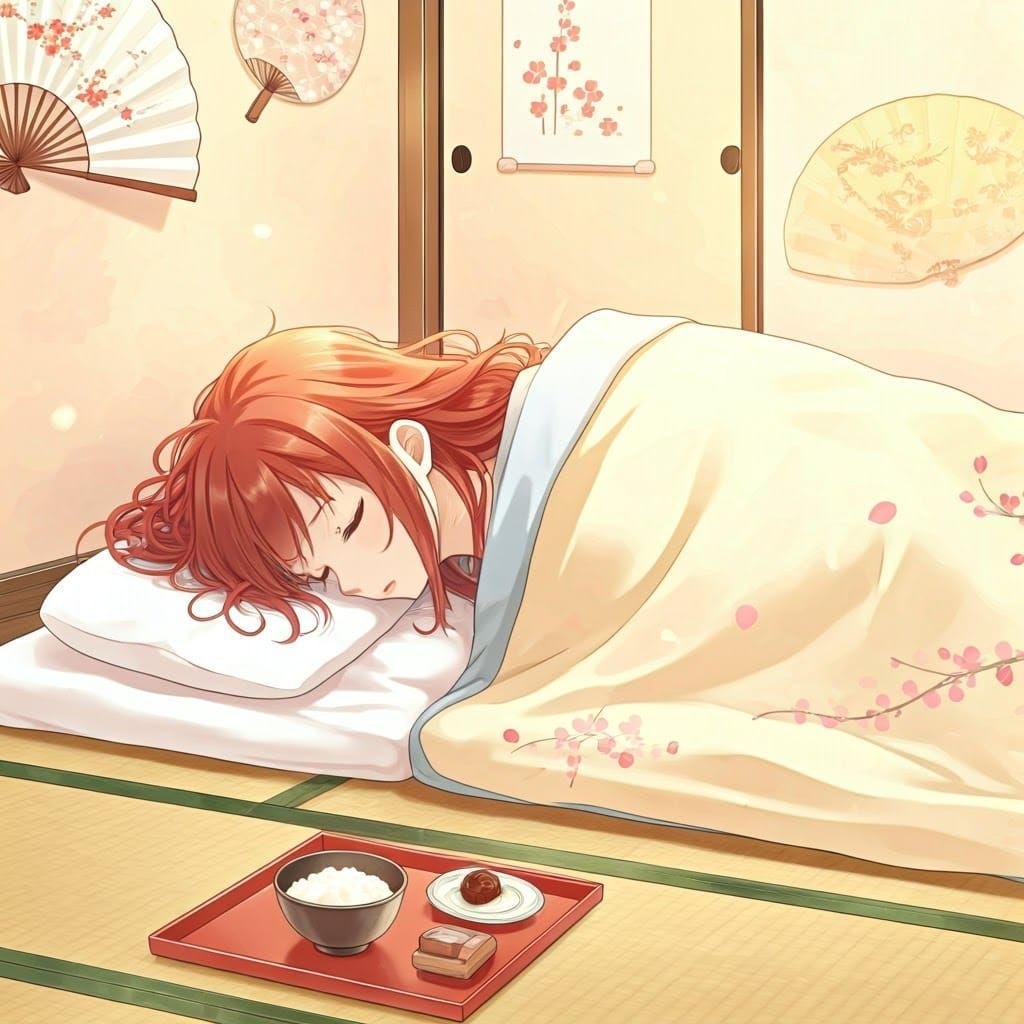 Japanese Woman in Slumber, Surrounded by Cherry Blossom Patt...