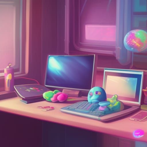 on the table a computer, sweets, toys, pastel colors, 90 ani...