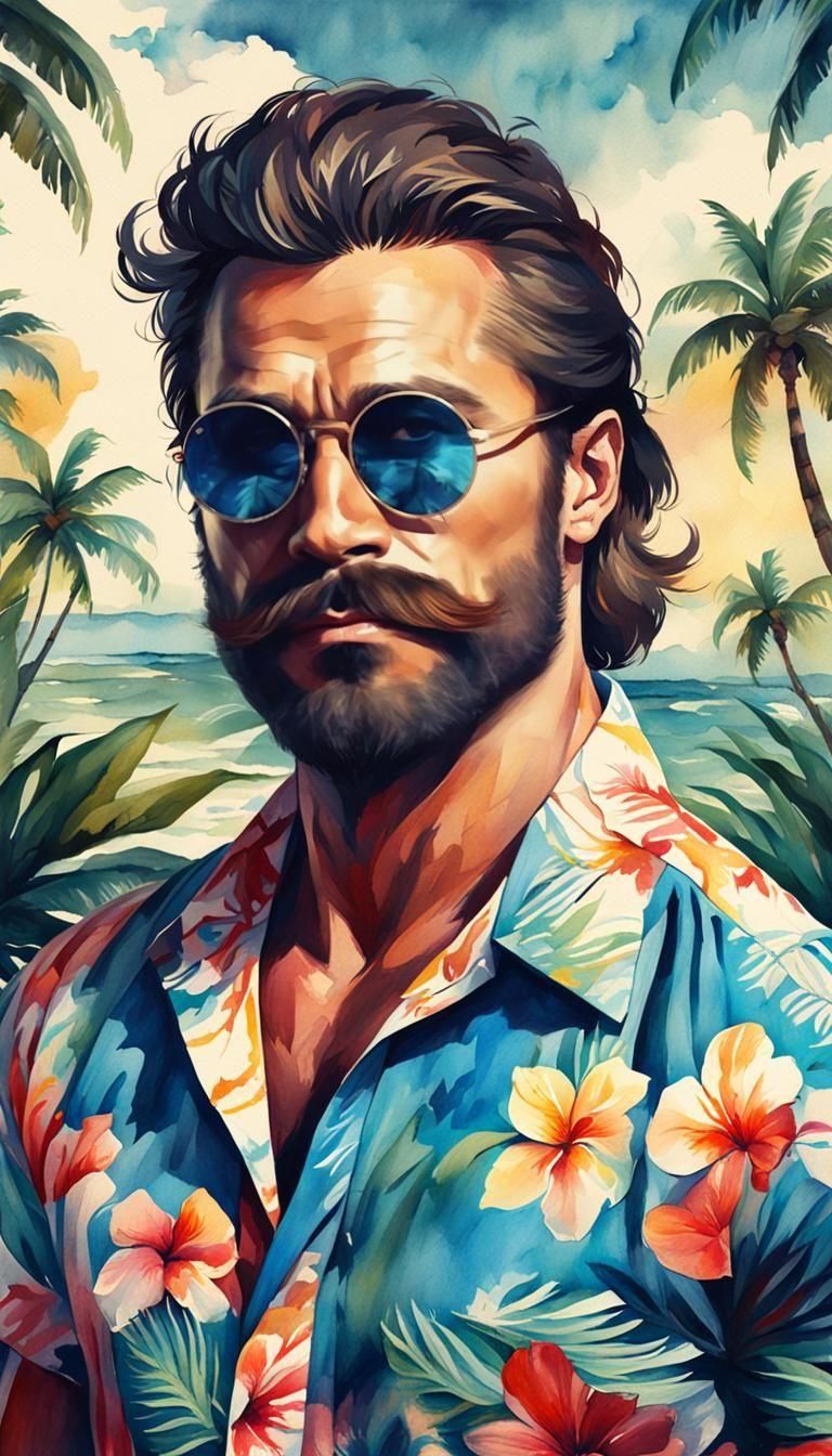 Watercolor Painting of Muscular Man in Hawaiian Shirt