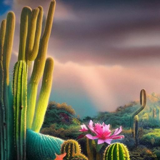 Surreal Sea Fairy Mountains with Cacti in Dali Style