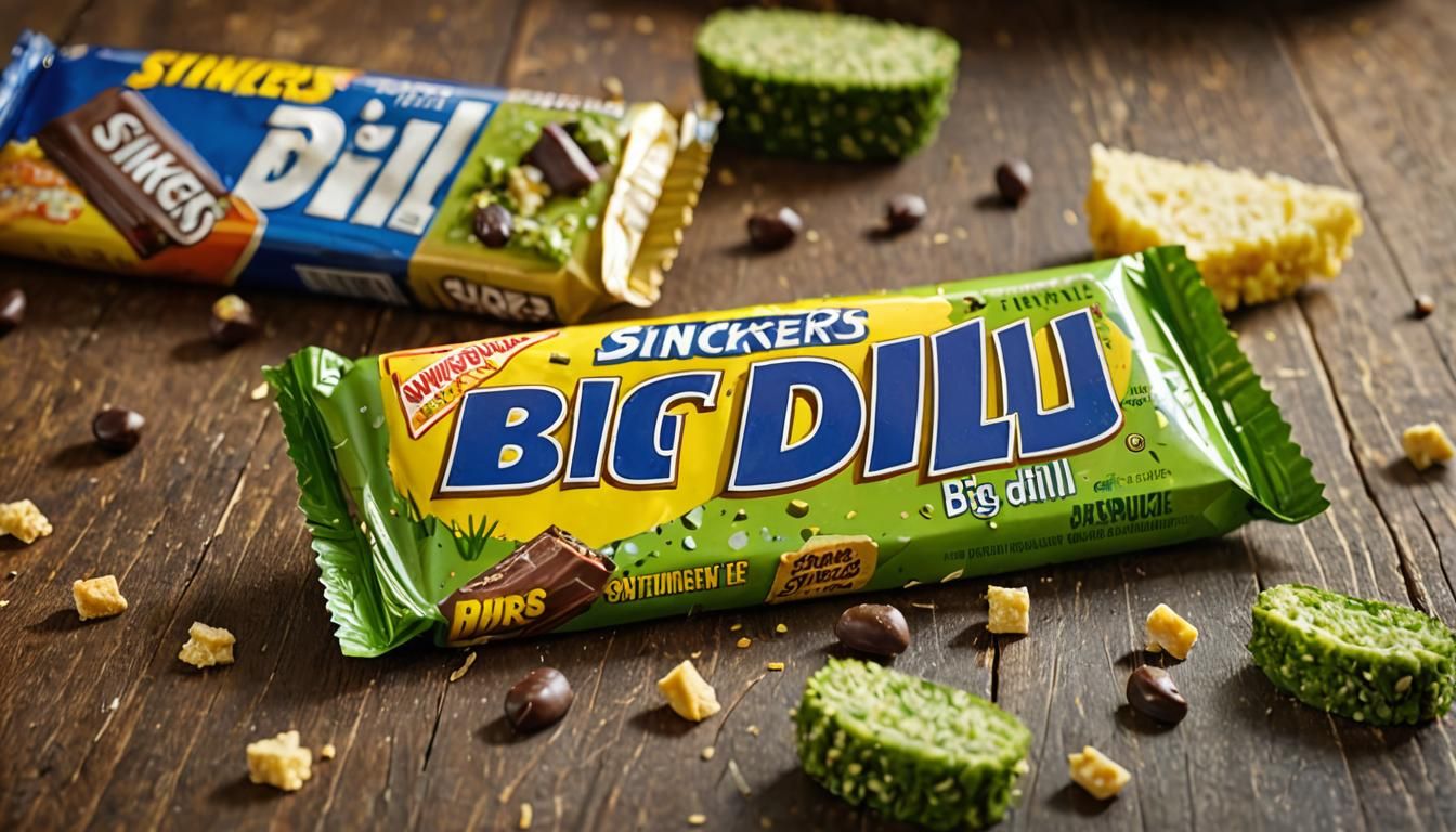 Snickers new candy bar, a dill pickle surrounded by yellow sponge cake