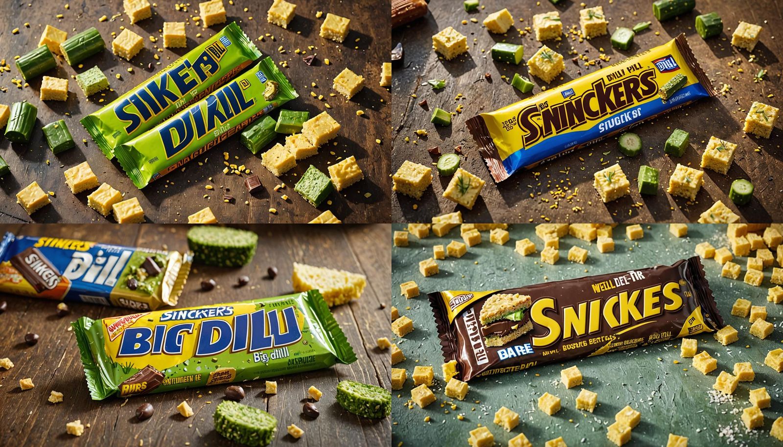 Snickers new candy bar, a dill pickle surrounded by yellow s...