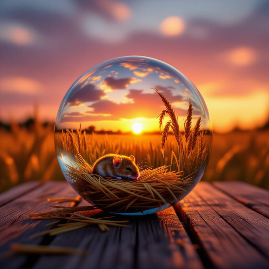 Glass Marble With Golden Rice Field At Sunset