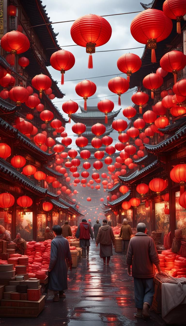 Busy Asian street market, tons of red paper lanterns