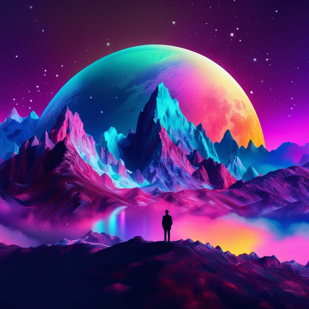 panorama view of (fantastical 
iridescent mountain range landscape), tiny human silhouette in foreground, ...  by @Valmond Teng