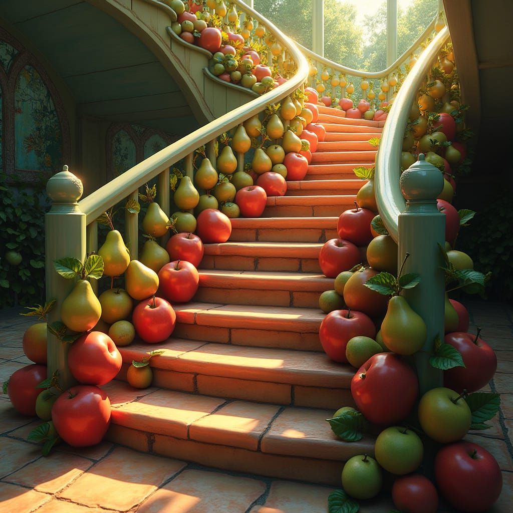 ultra realistic artwork of a staircase made from apples and pears, add depth with light and shadow, make ...  by @Akitalife