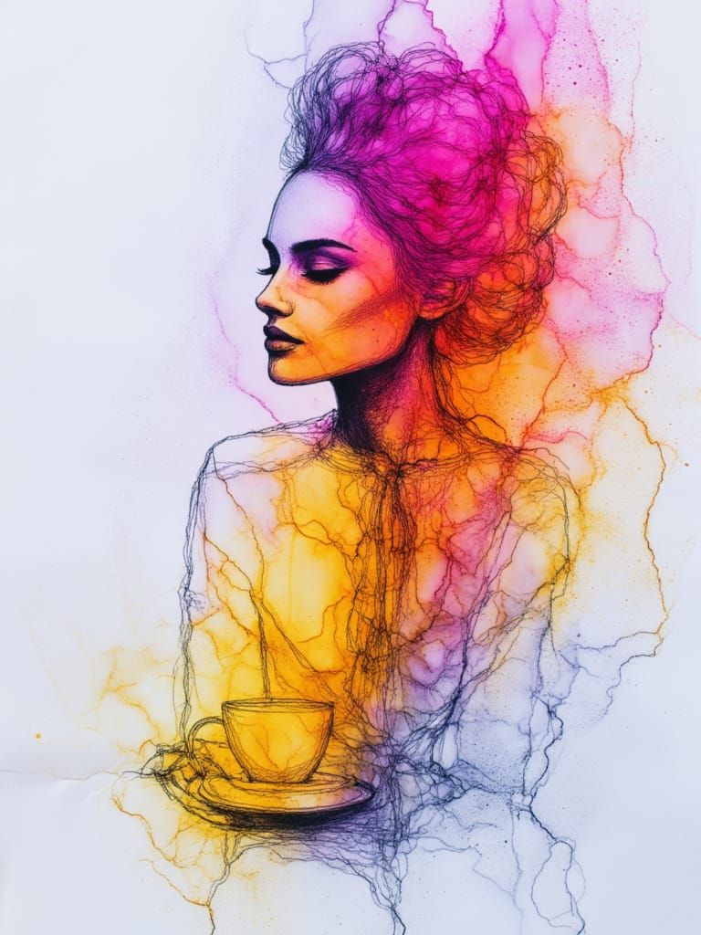 <lora:Neon Alcohol Ink:1.0> female with coffee cup, half body length, created in neon alcohol ink,