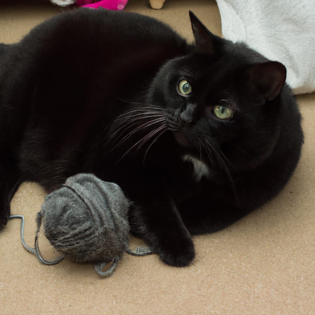 A fat black cat playing with a ball of yarn