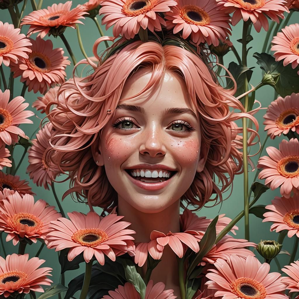 A big salmon pink gerbera flower and it has a sweet smiley f...