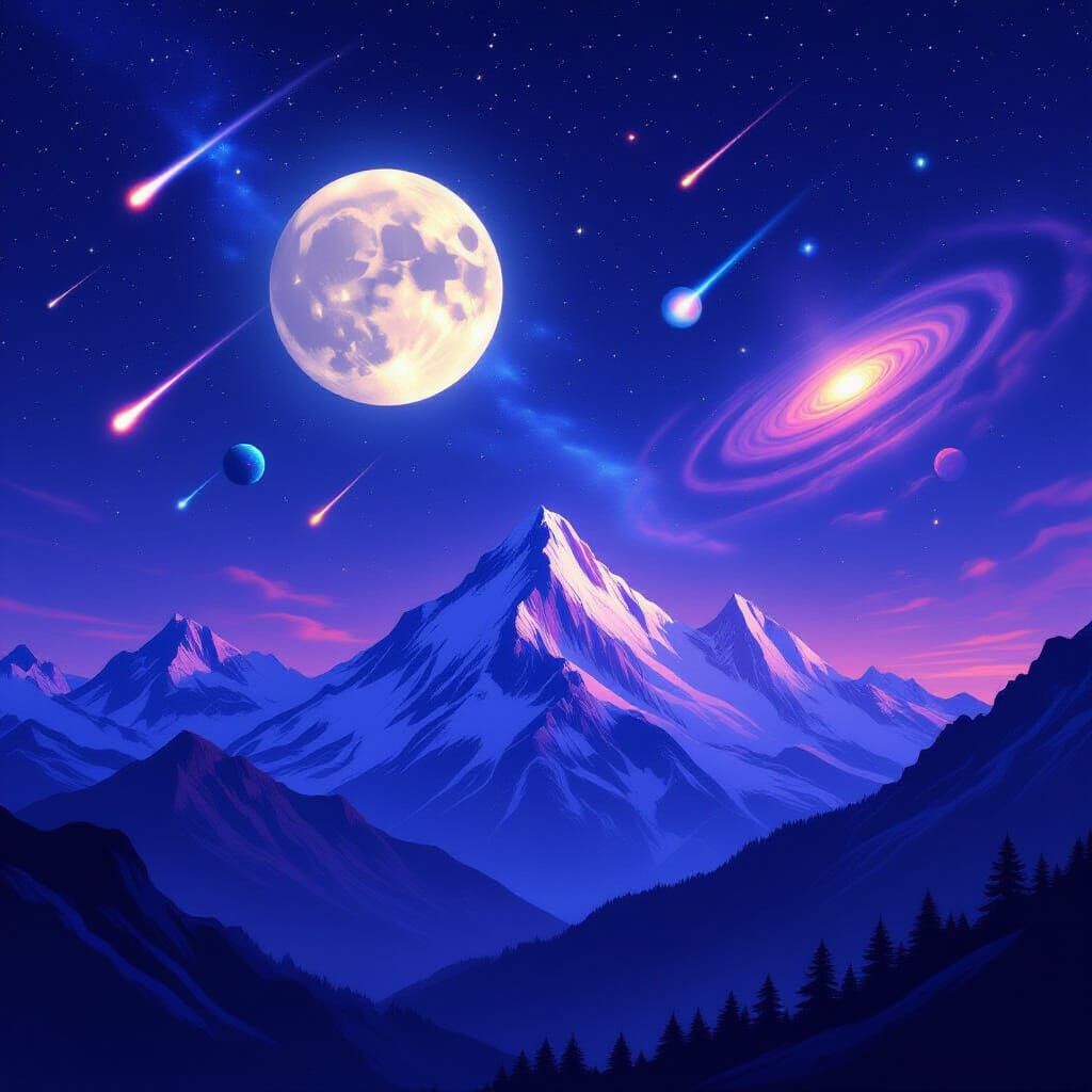 Cosmic Mountain Landscape Under Starry Night Sky