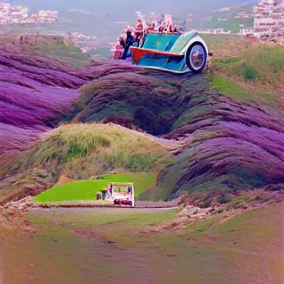 A car driving down the hill to the sea, vintage, colorized
