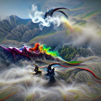 rainbow smoke with 2 dragons fighting on mountains 8K 3D