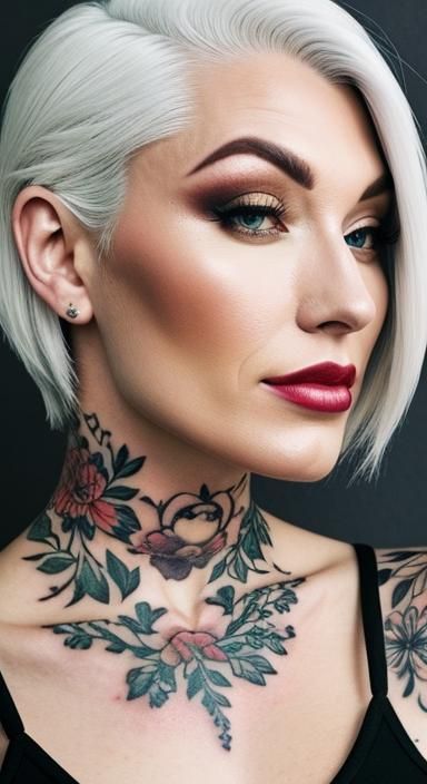 flowers tattooed white-haired beautiful girl