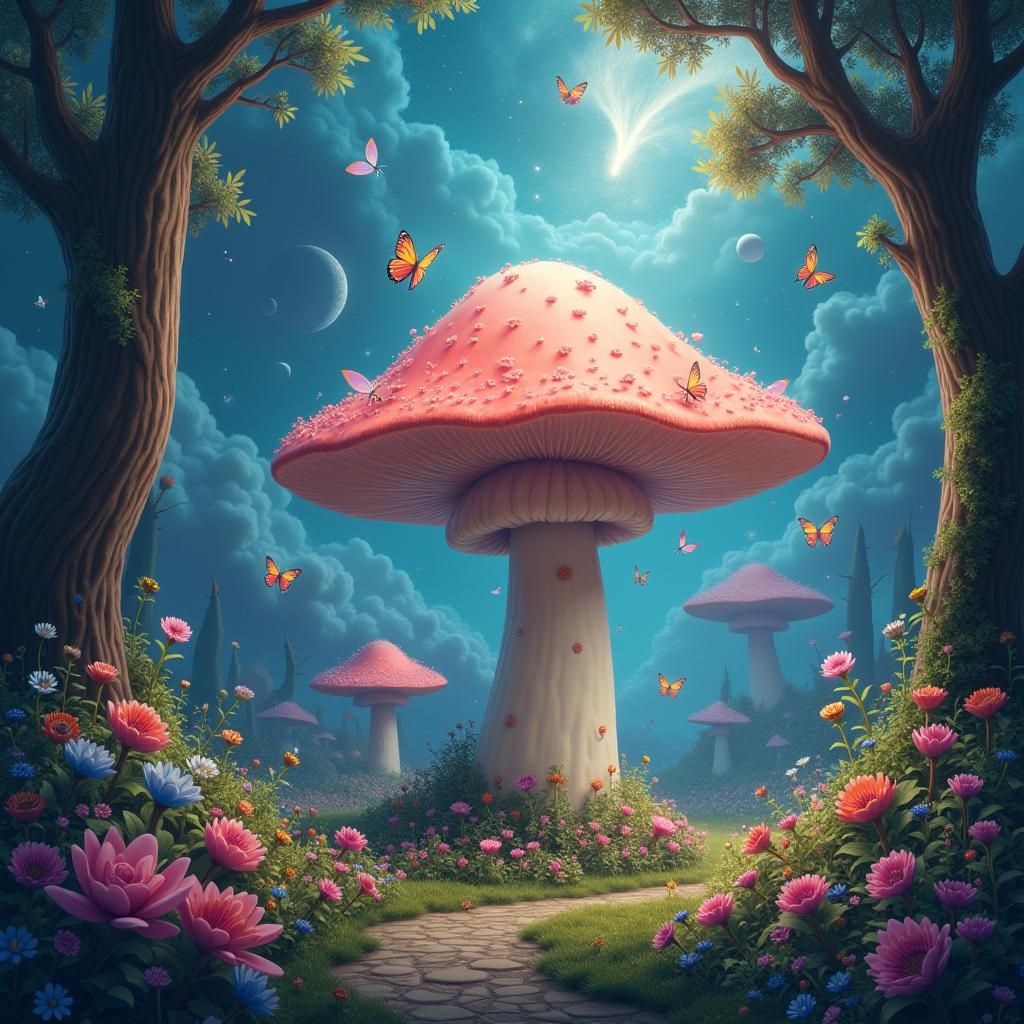 Enchanted Forest with Giant Mushroom, Trending on Artstation