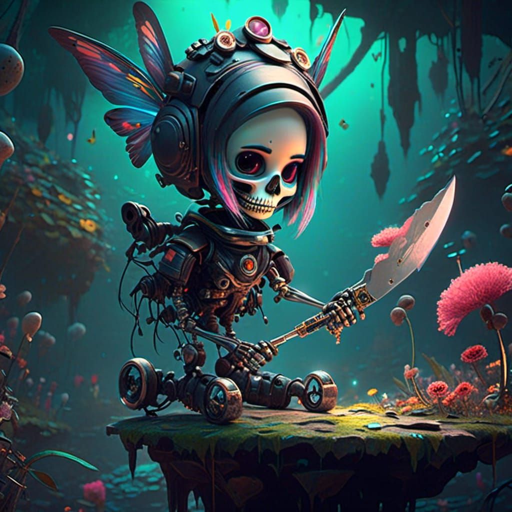 <lora:space:1.0> <lora:lol:1.0> a small doll with a knife, d...