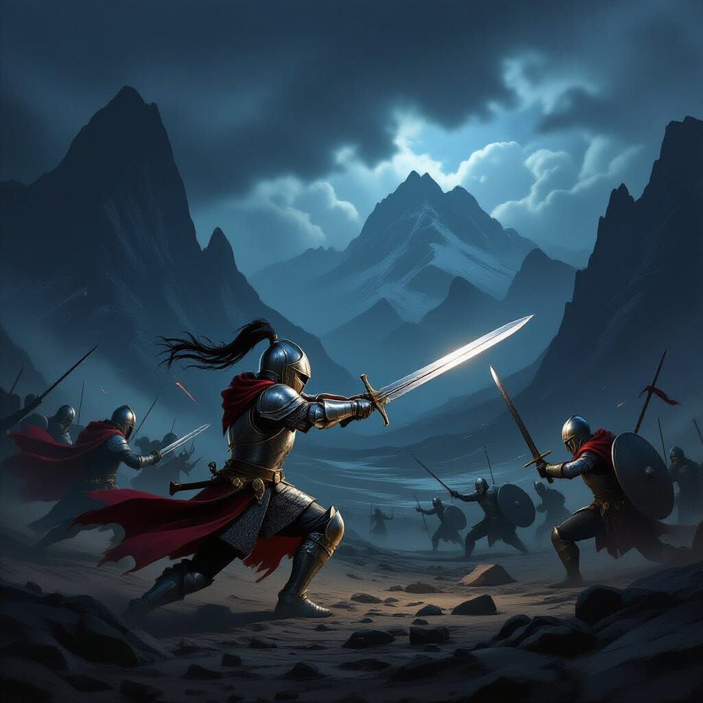 Knight boy
in battle attacking his enemies with a sword. Dark looming mountains and barren wasteland dark athmosphere