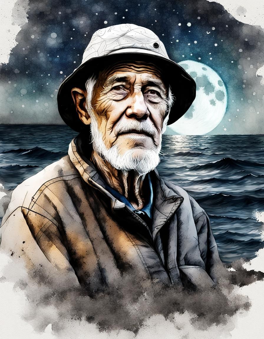 Moonlit portrait of an old fisherman   by @Chief_Runs-with-scissors