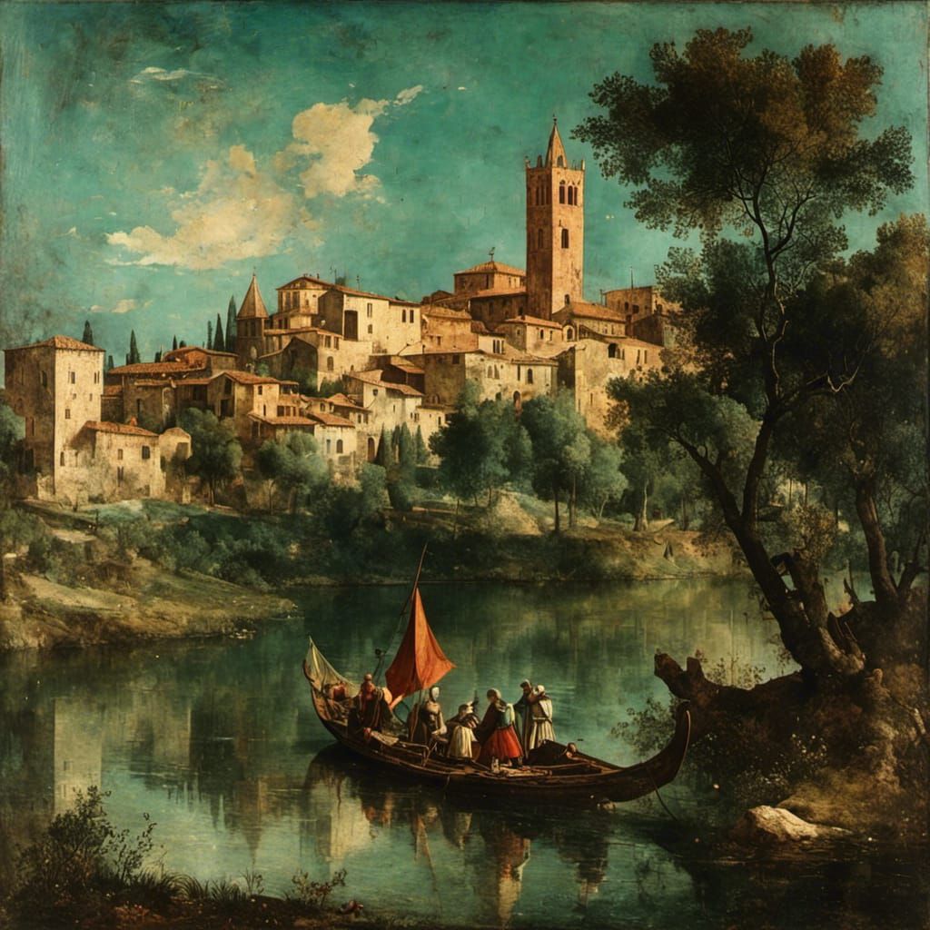 boat on river <lora:Medieval Paintings:1.0>