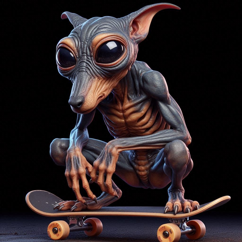 Alien Doberman On Skateboard