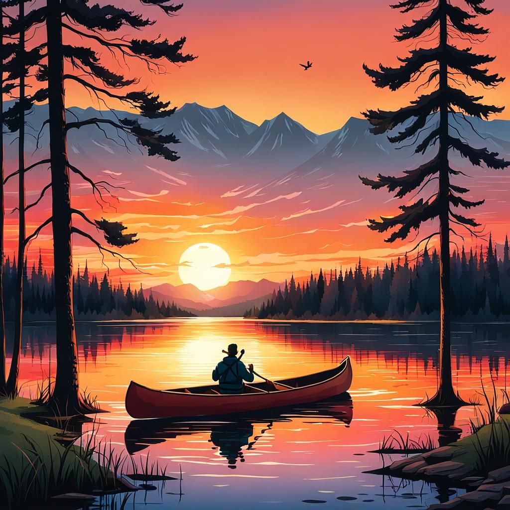 Canoe on a lake at sunset