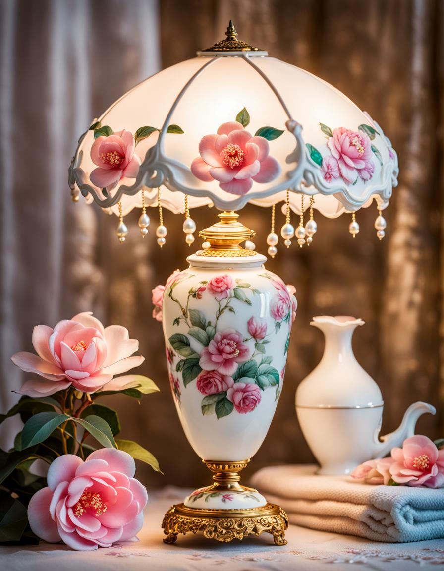 luxuory amazing porcelain rococo lamp with craved camellias ...