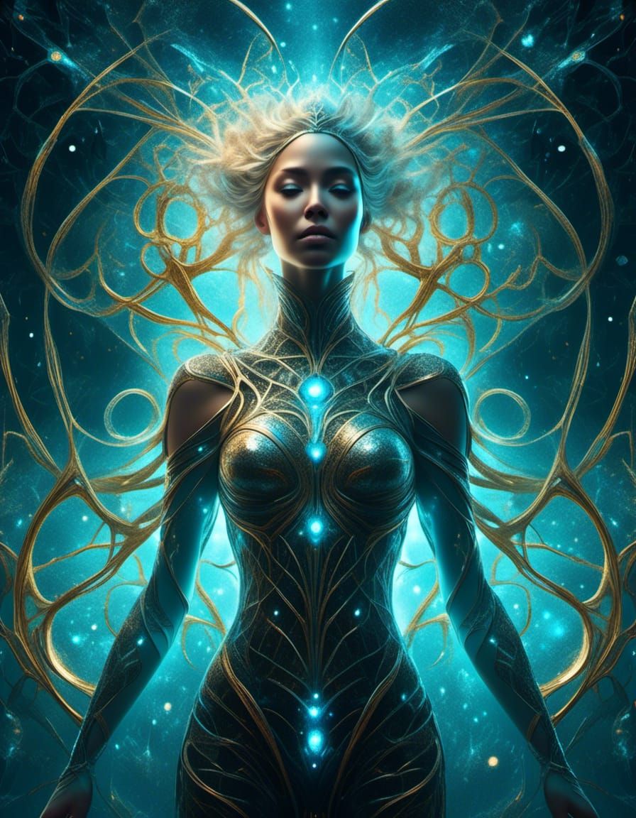 Bioluminescent DNA Woman in Cosmic Space