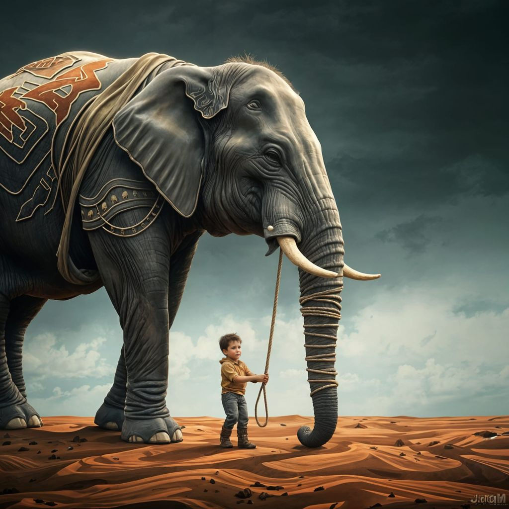 Boy Leads Elephant on Rope, Impasto Style