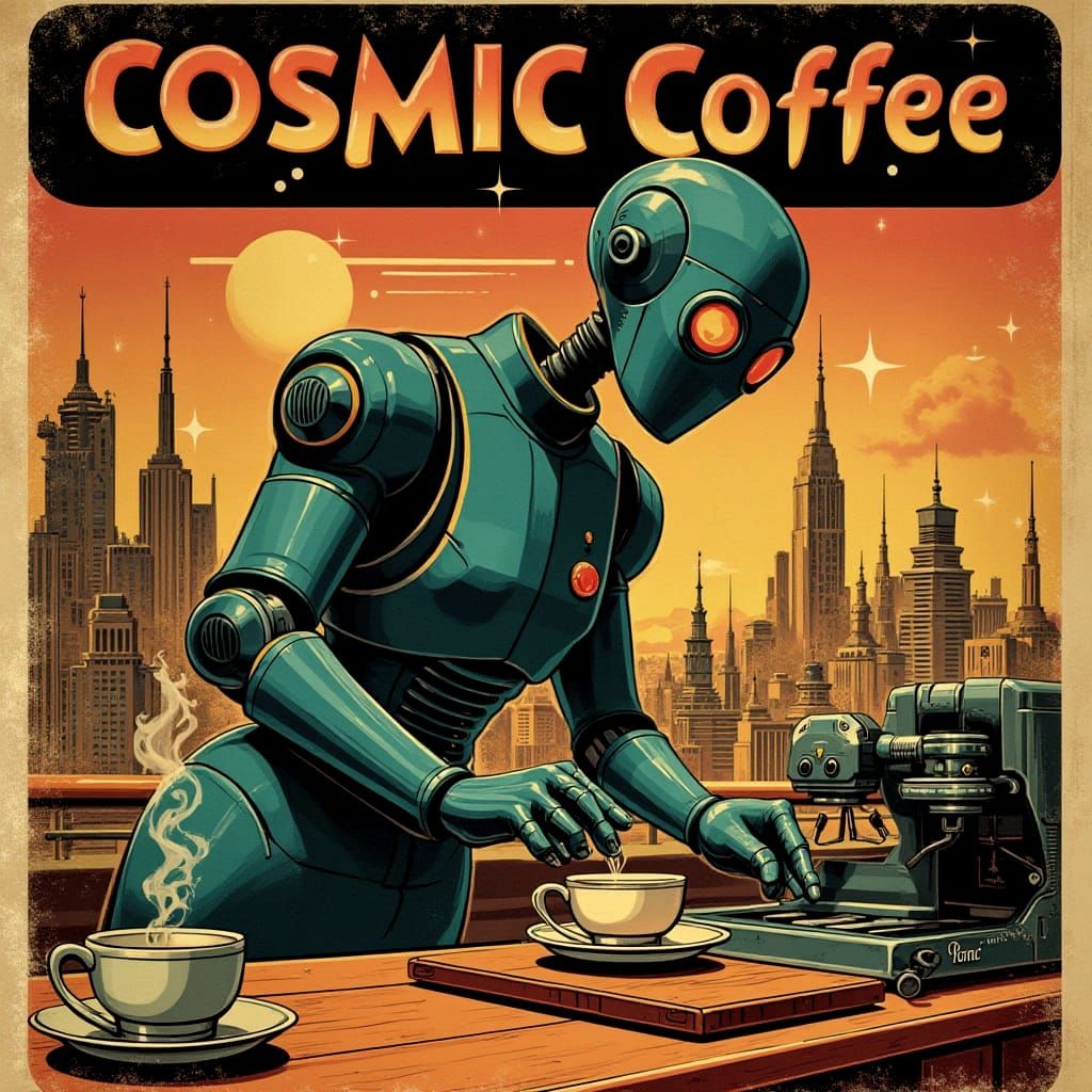 underground comic book styled Grainy magazine style Retro illustration. A 1950s-style advertisement for a fictional 'Cosmic Coffee' brand, f...