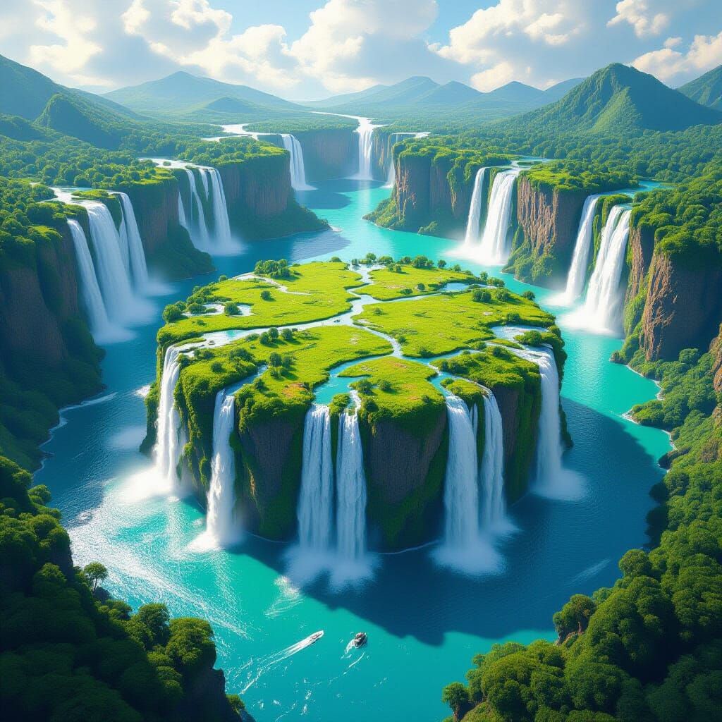 Lush Island Surrounded by Circular Waterfalls