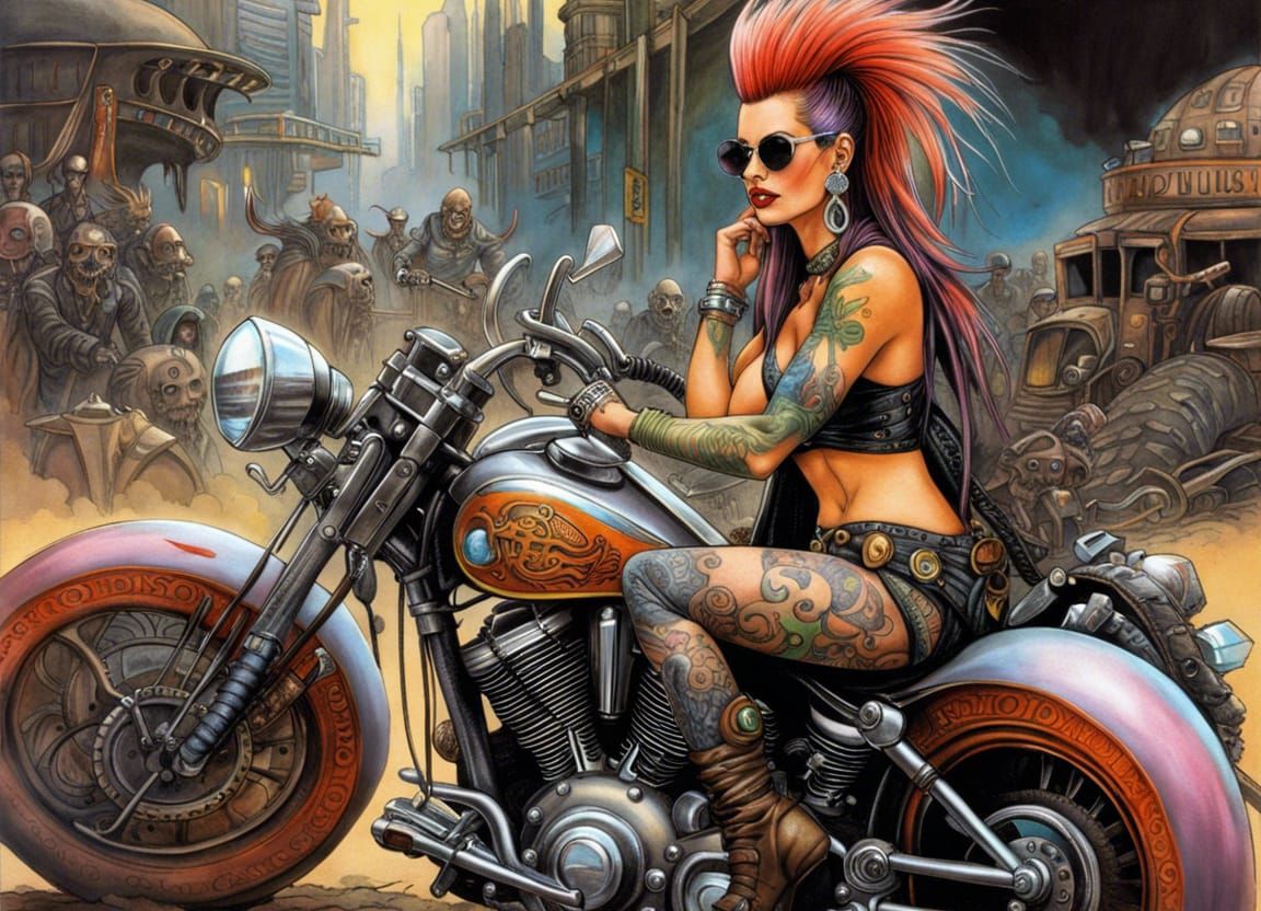 Post-apocalyptic Motorcycle Goddess  by @Paeantrix