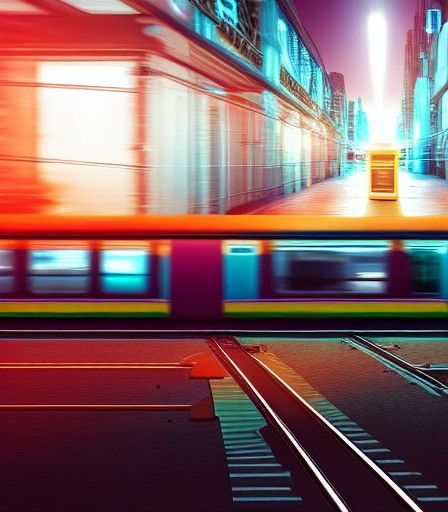 Time traveling train in the street, cyberpunk, futuristic be...