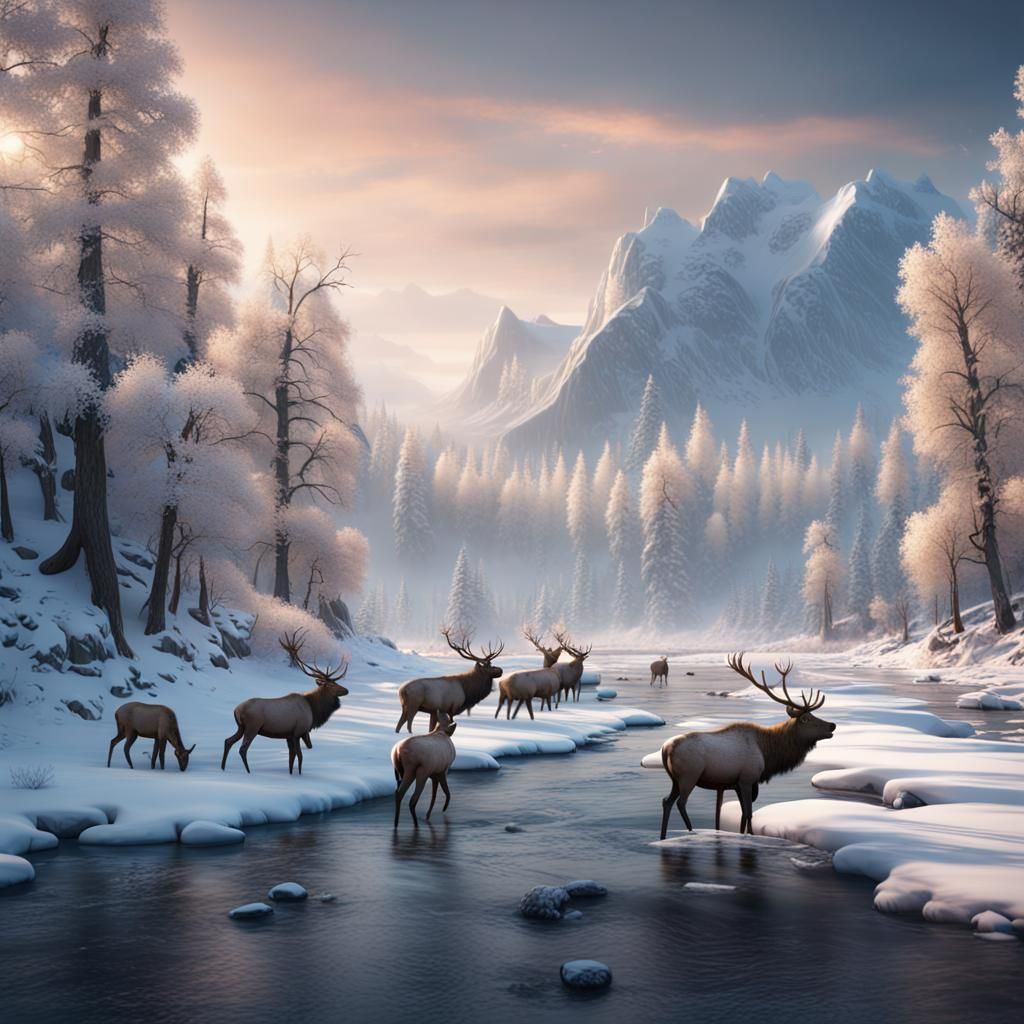 Majestic Winter riverscape with Elk herd  by @DustyLoft