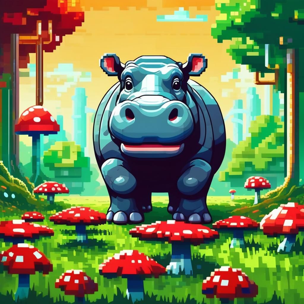 a hippo in the style of Super Mario games on 8-bit consoles