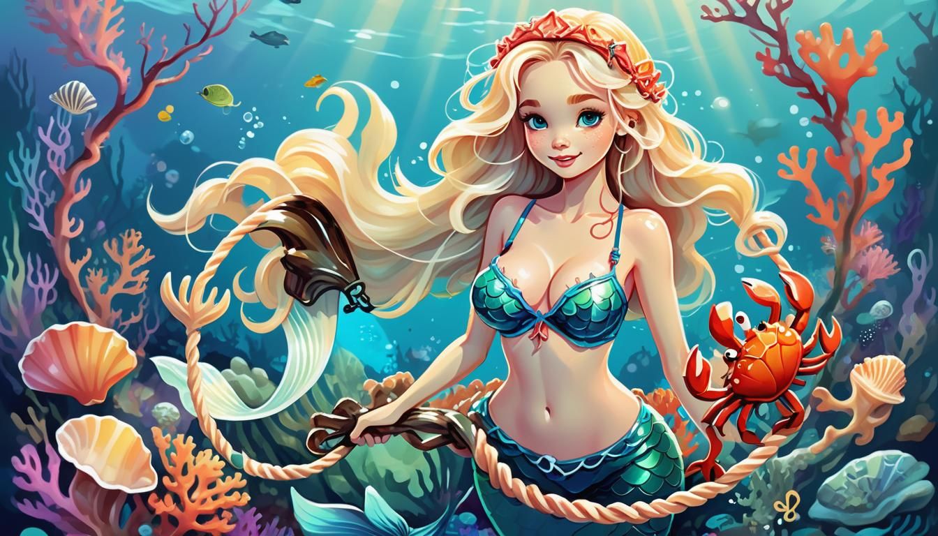 Cute cartoon mermaid with an anchor. A crab wants it too. ⚓