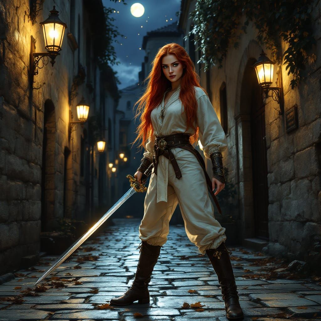 Redhead Supermodel Duelist in Renaissance Alley, Art Nouveau...