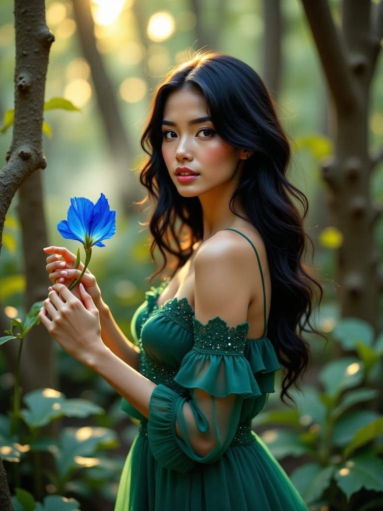 In the style of Annie Leibovitz. Photorealistic. Create an image with random fantasy and nature motifs with a beautiful woman of random ethn...