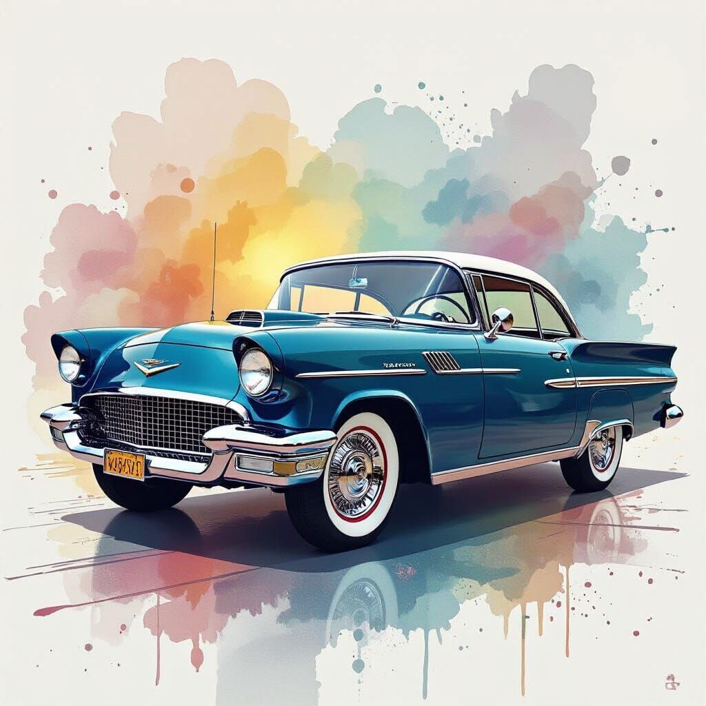 Classic Car in Watercolor with Geometric Patterns