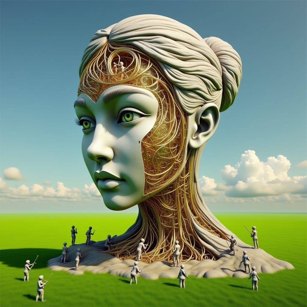 <lora:Weird Sculpture:1.0>a sculpture partially covered in stone and the rest is transparent showing shiny gold and silver interlaced wires...