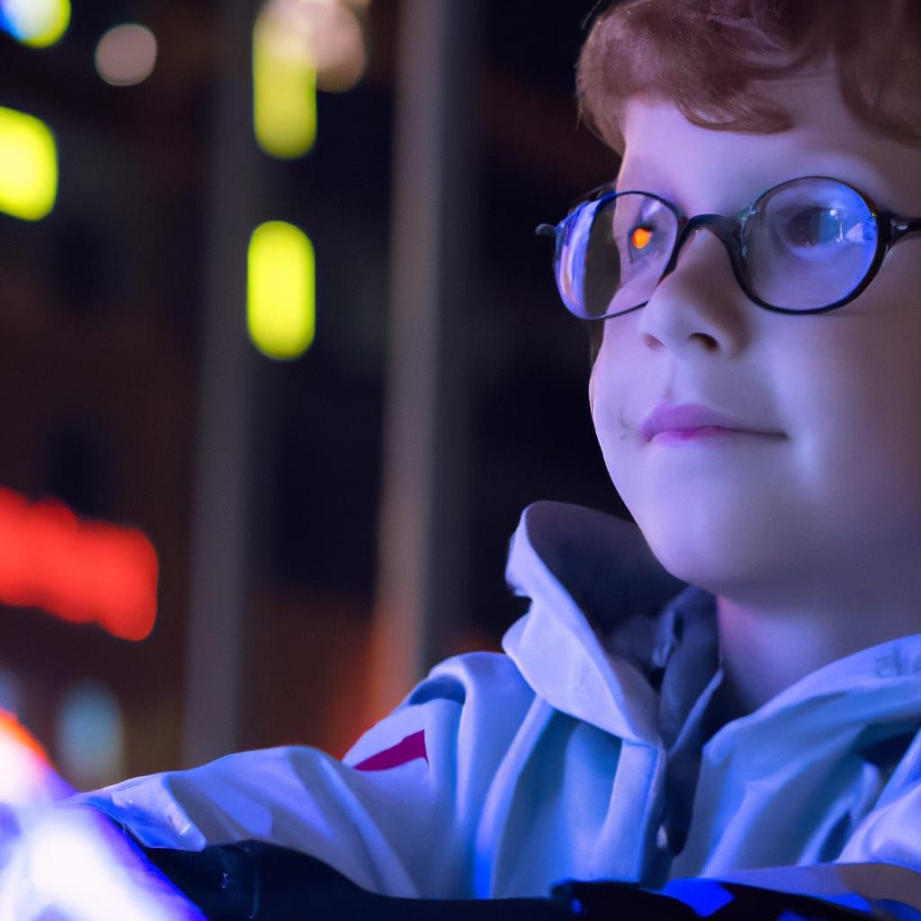 Portrait of an autistic boy  watching futuristic online game...