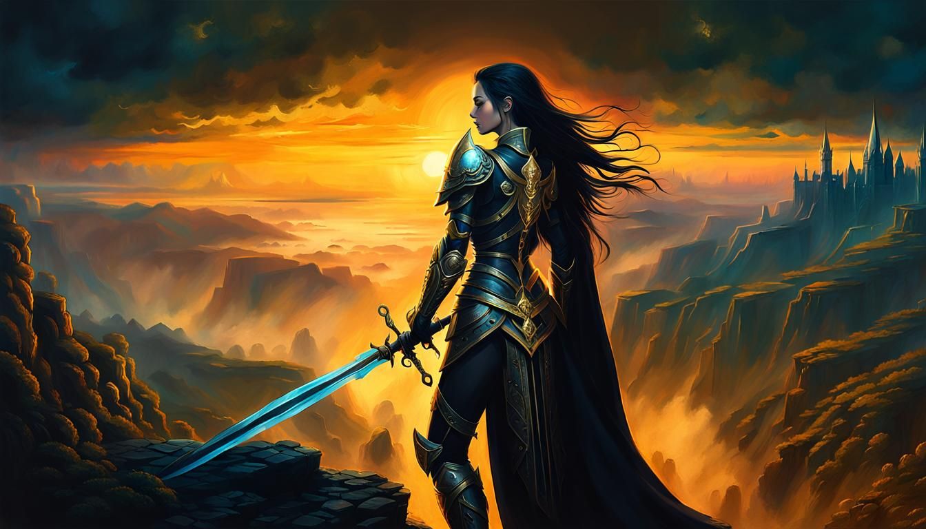 Gothic Warrior in Mystical Landscape, Dark Fantasy Art