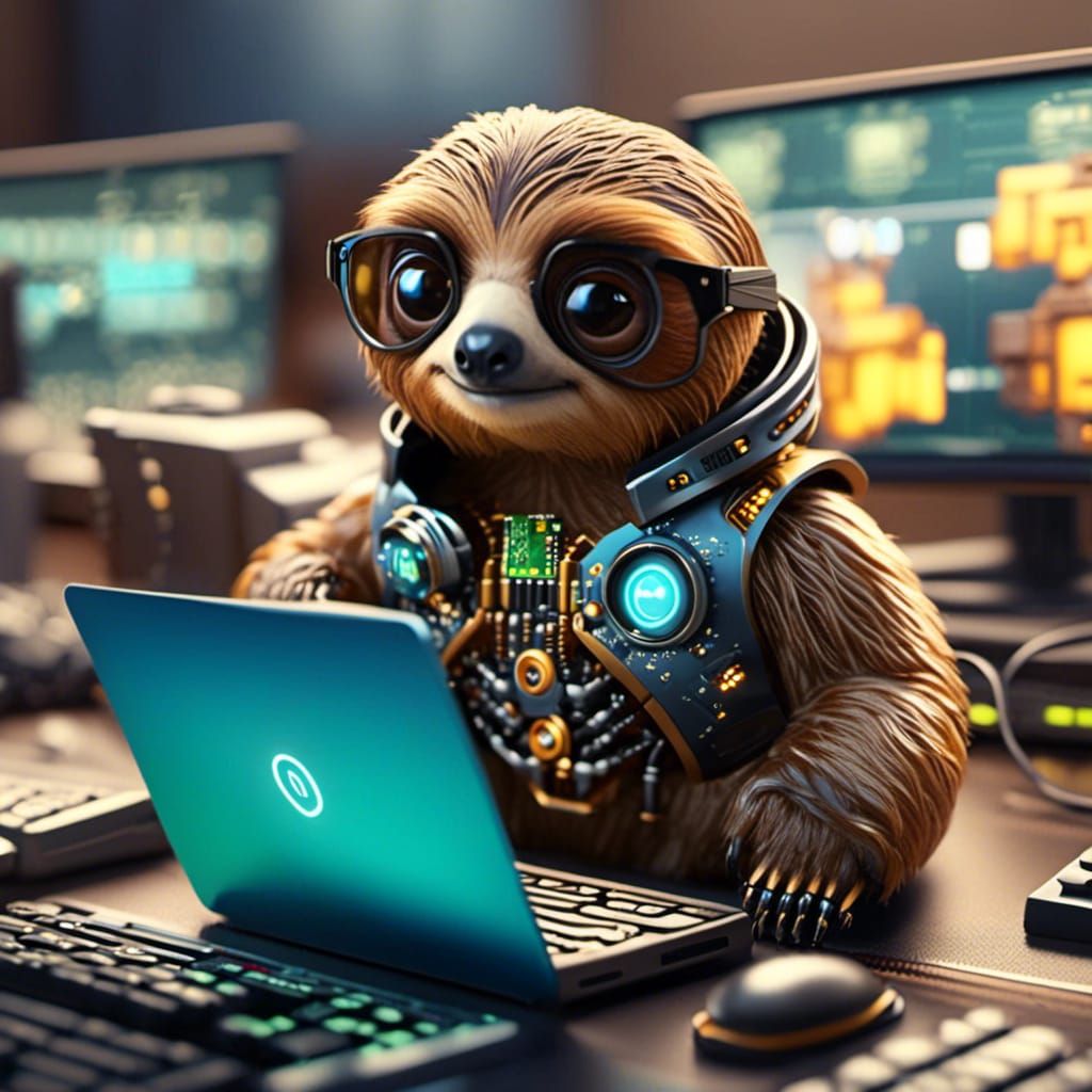 A tiny nanobot sloth sitting beside a computer keyboard, curiously watching the screen, in a busy office environment.