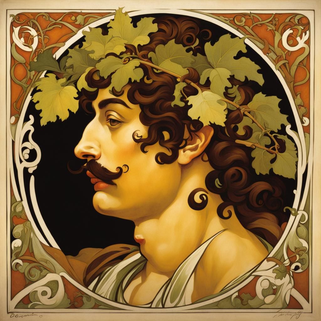 Bacchus by Caravaggio in Art Nouveau style by Alphonse Mucha