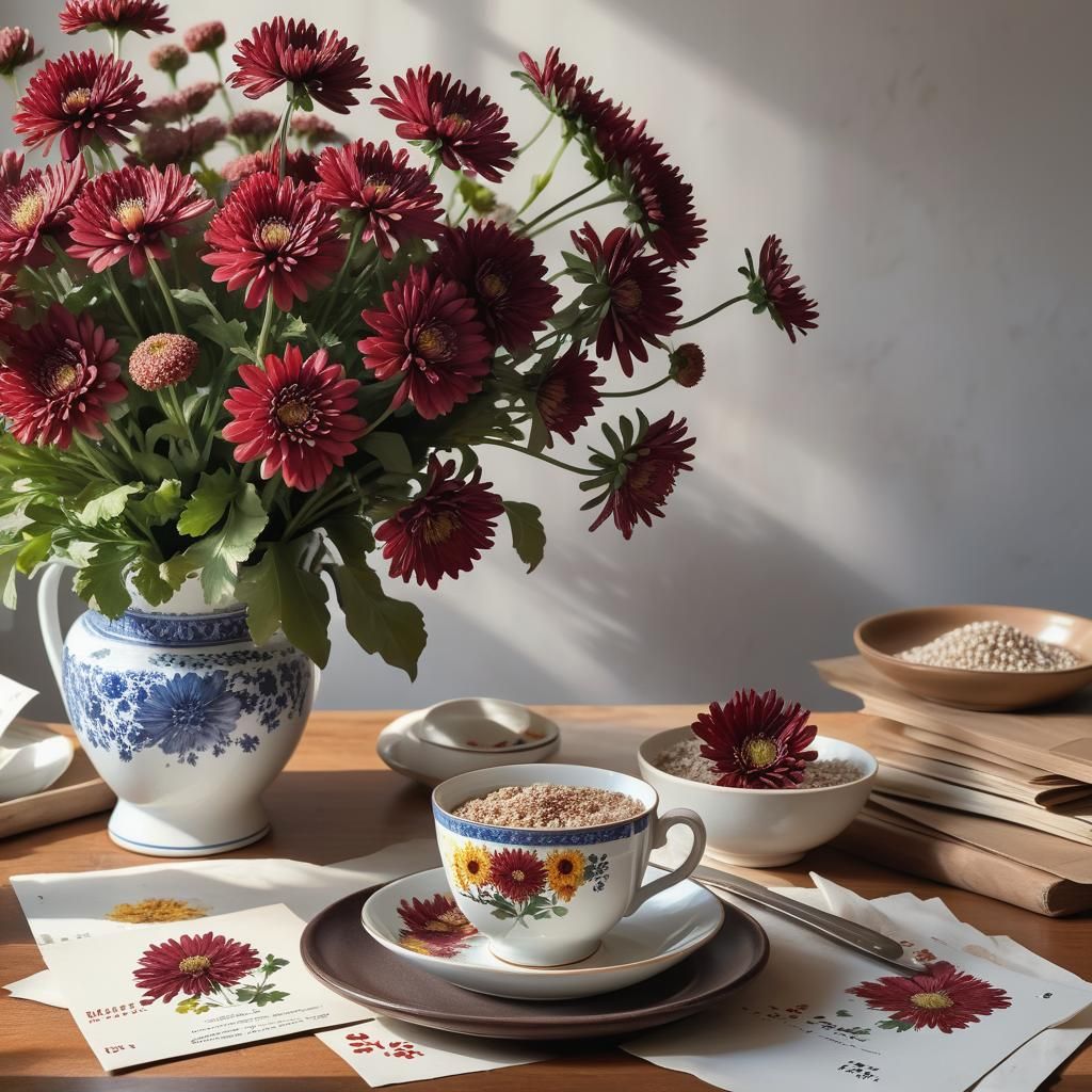 A bouquet of burgundy chrysanthemums in a beautiful porcelain vase on