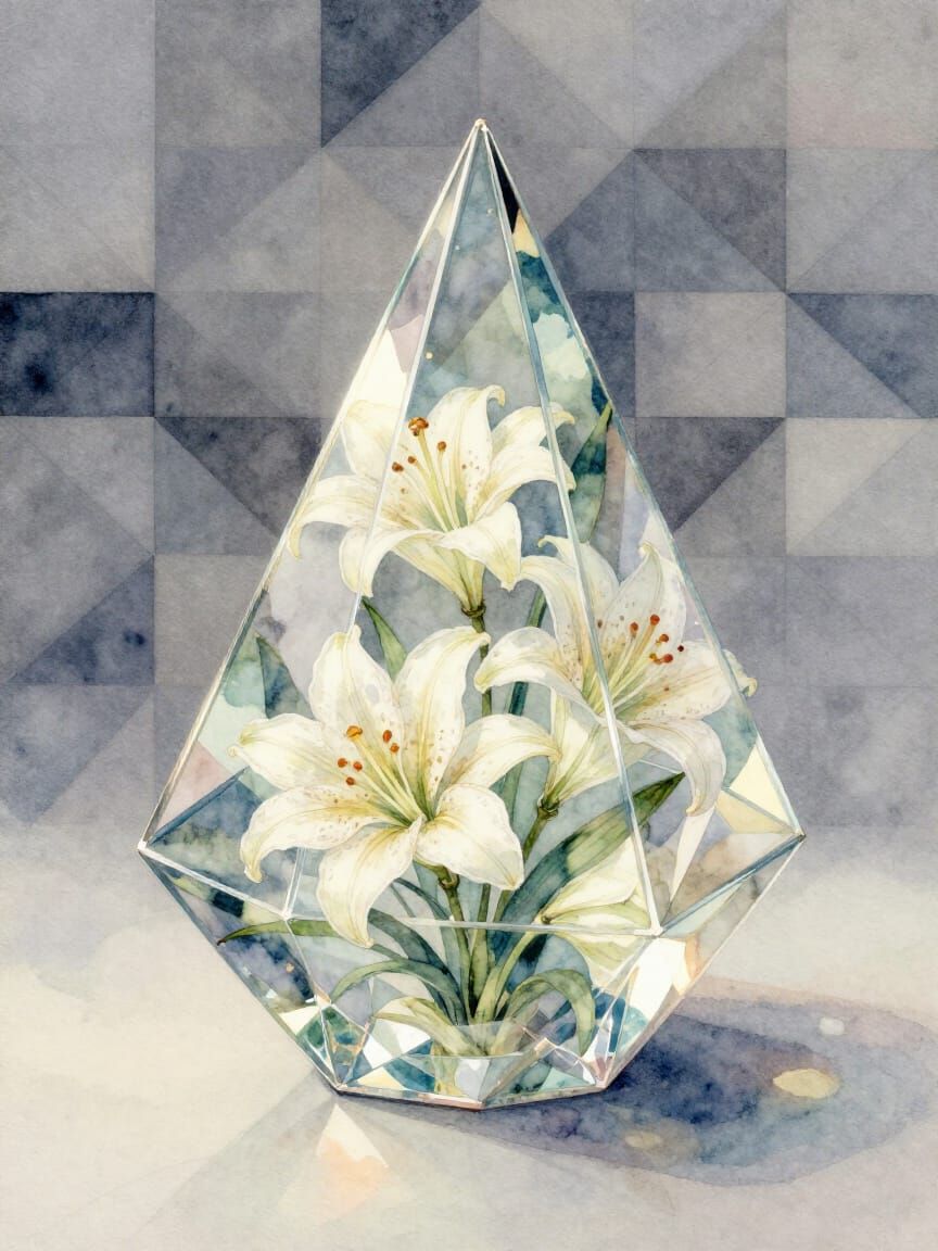 Glass Tetrahedron With Fibonacci Lilies Watercolor Illustrat...