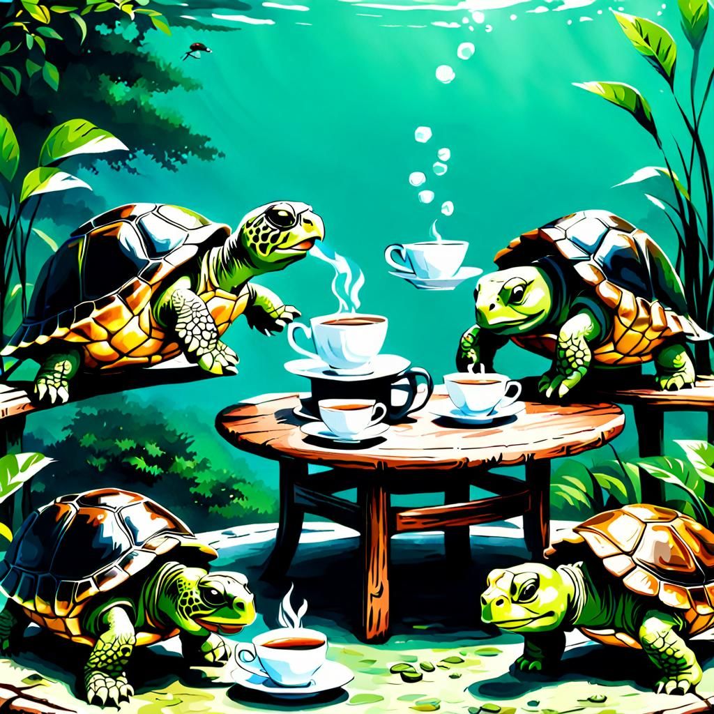 turtle's sitting around drinking tea from teacups