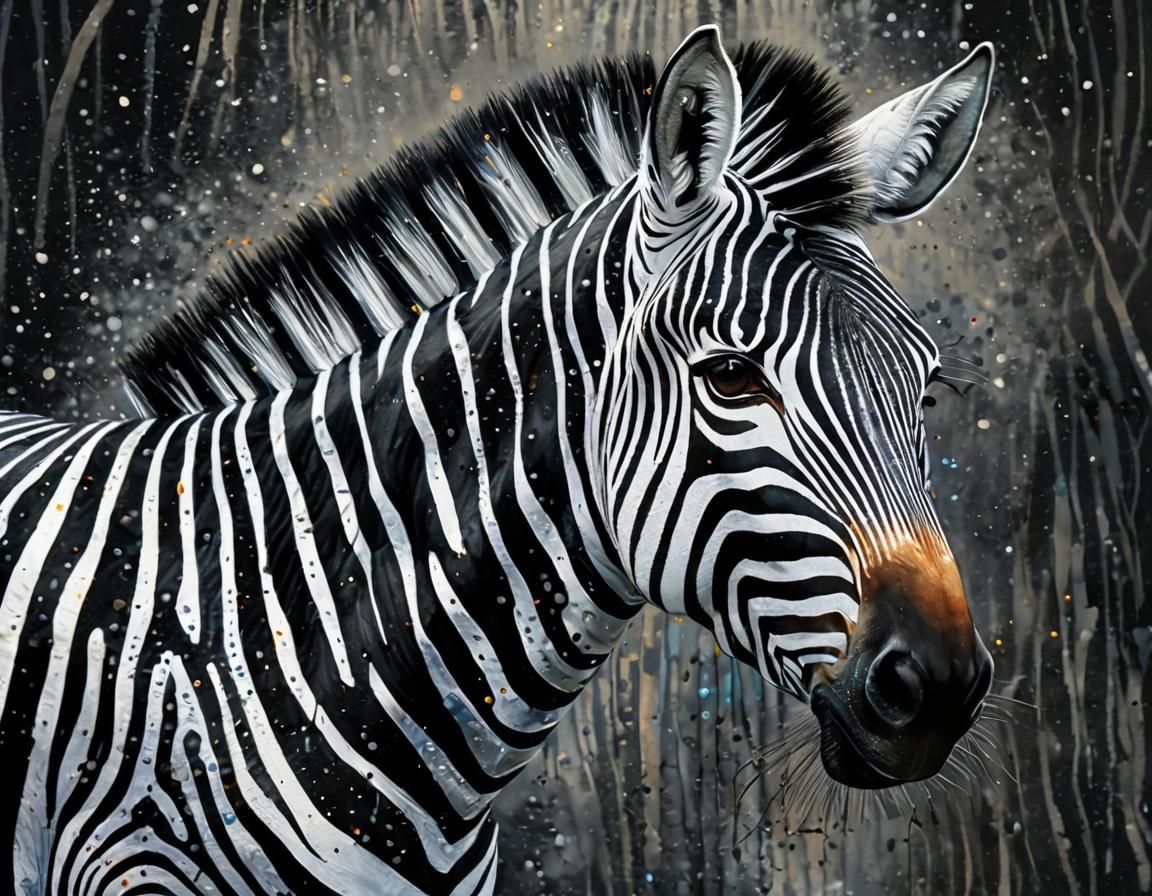 gorgeous Zebra  painted with matte paint, silver highlights, thick brush strokes, grunge style, merging perfectly into a black canvas, by Da...