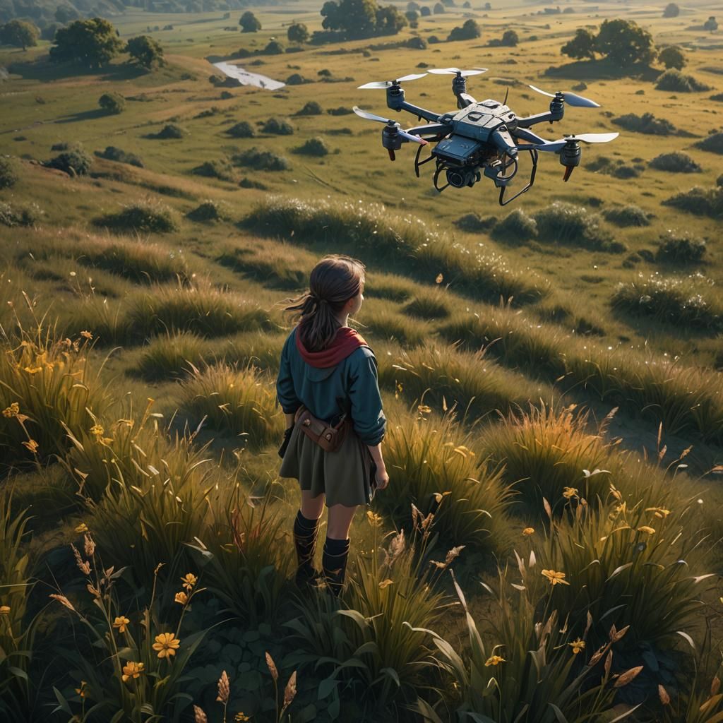 a girl looking up at the small 
drone very high in the field