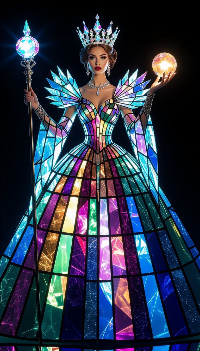A regal queen stands adorned in a breathtaking gown made entirely of shimmering, iridescent glass panels, ...  by @Christopher Allen